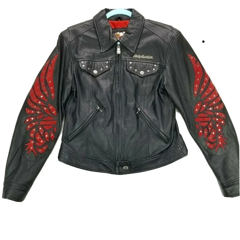 Harley Davidson Women's Black/Red Leather Jacket EUC X Small - Picture 1 of 10